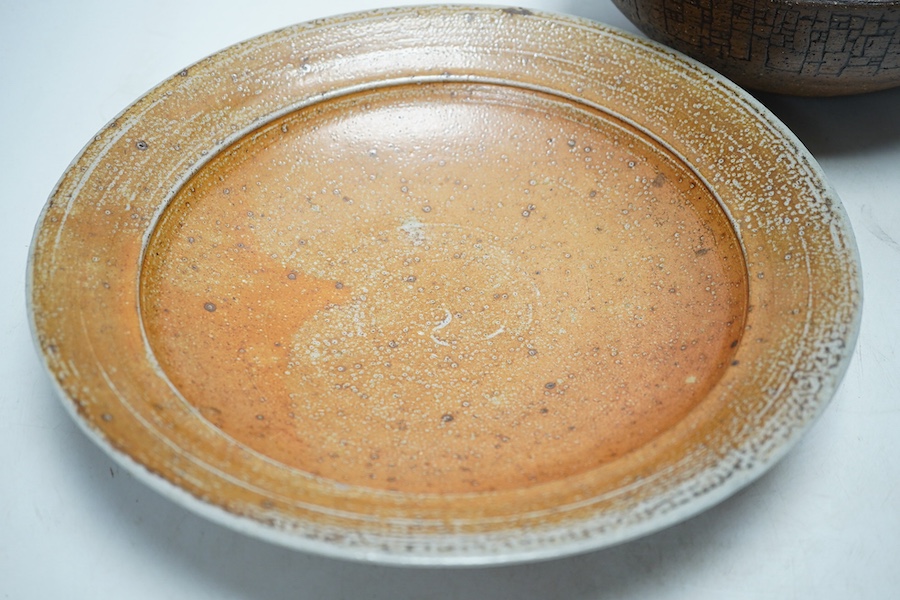 A Monkton Combe pottery bowl and a Sarah Walton dish, 29cm diameter. Condition - good